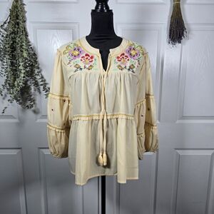 See And Be Seen Blouse Womens Large Floral Embroidery Boho Babydoll Cottagecore